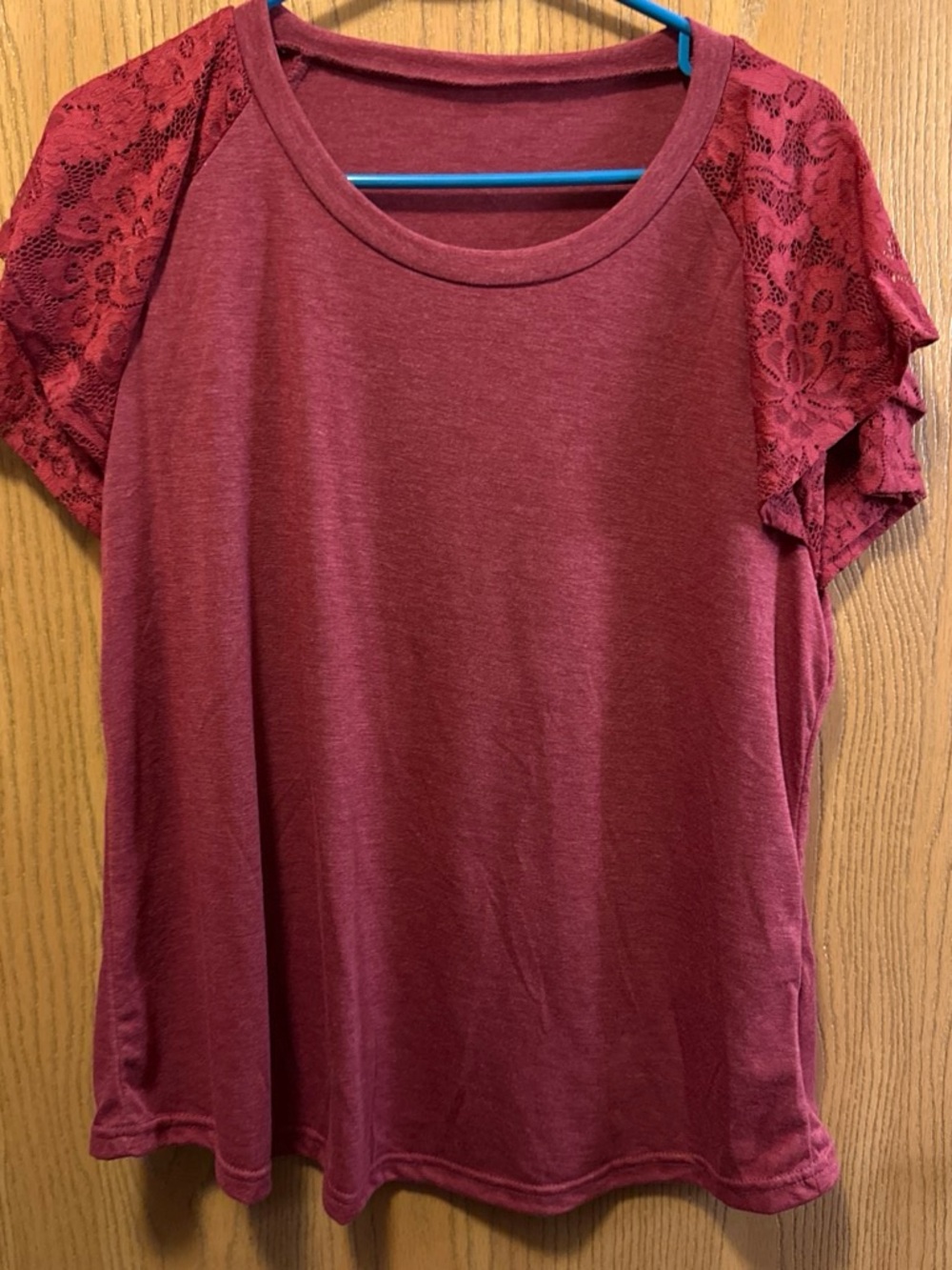 Lace Sleeve Short-Sleeve Top - Burgundy